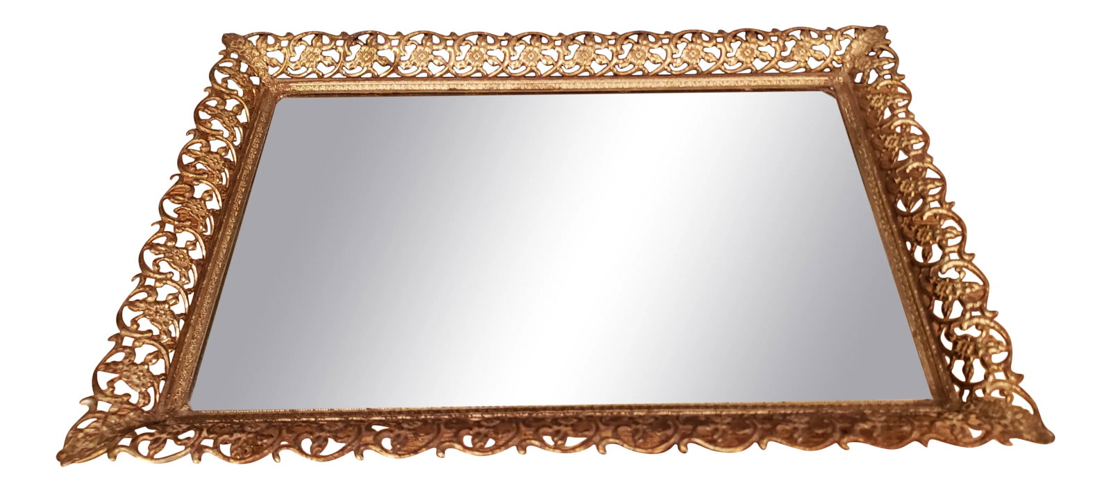 Vintage Metal Frame Table Mirror: Unique Vintage Dresser Mirror Or Perfume Mirror Or Just Use As A Display With Ornate Metal Frame And Snap Down Easel. Very cool mirror. Has scratches but still an awesome piece. You can hang it or use