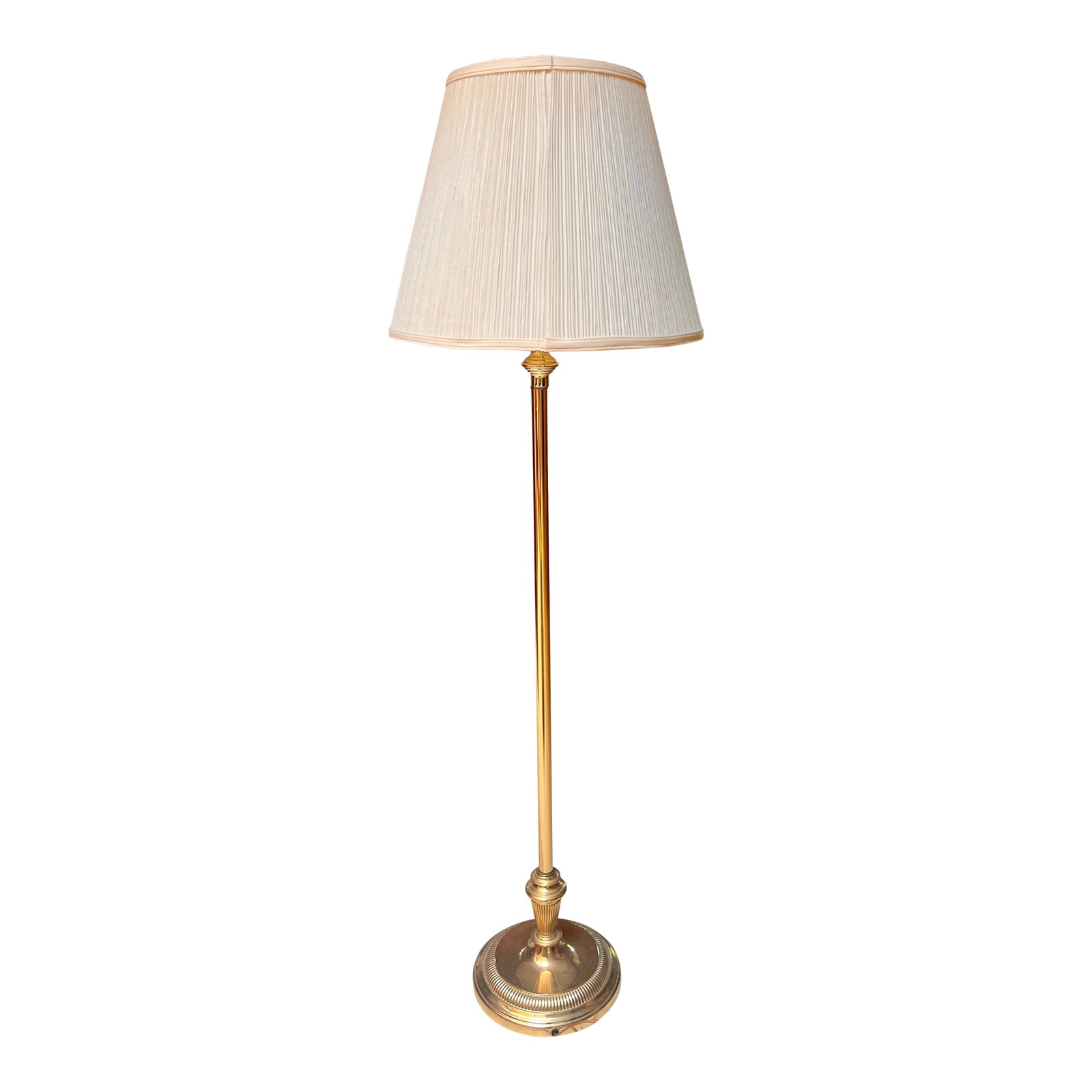Vintage Brass Swing Arm Floor Lamp - Wescal Hardware & Eagle Socket - Mid Century Traditional: Elegant vintage brass swing arm floor lamp with pleated shade and adjustable arm. Features quality Eagle socket hardware and a classic mid-century traditional silhouette. A timeless reading lamp well