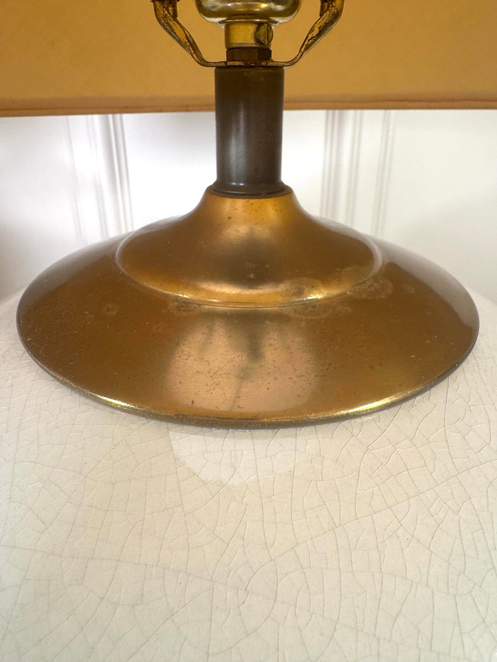 Vintage Transitional White Crackled Glaze Glass & Brass Table Lamps, a Pair - 10