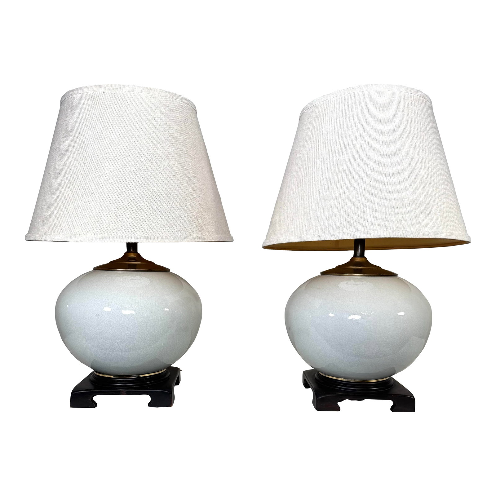 Vintage Transitional White Crackled Glaze Glass & Brass Table Lamps, a Pair - 2