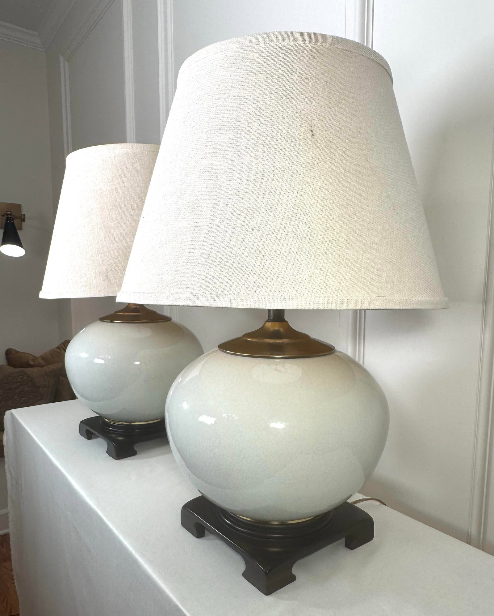 Vintage Transitional White Crackled Glaze Glass & Brass Table Lamps, a Pair - 3