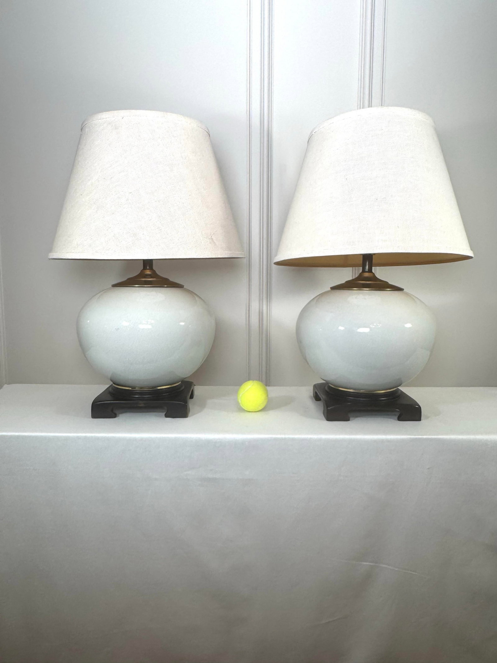 Vintage Transitional White Crackled Glaze Glass & Brass Table Lamps, a Pair - 4