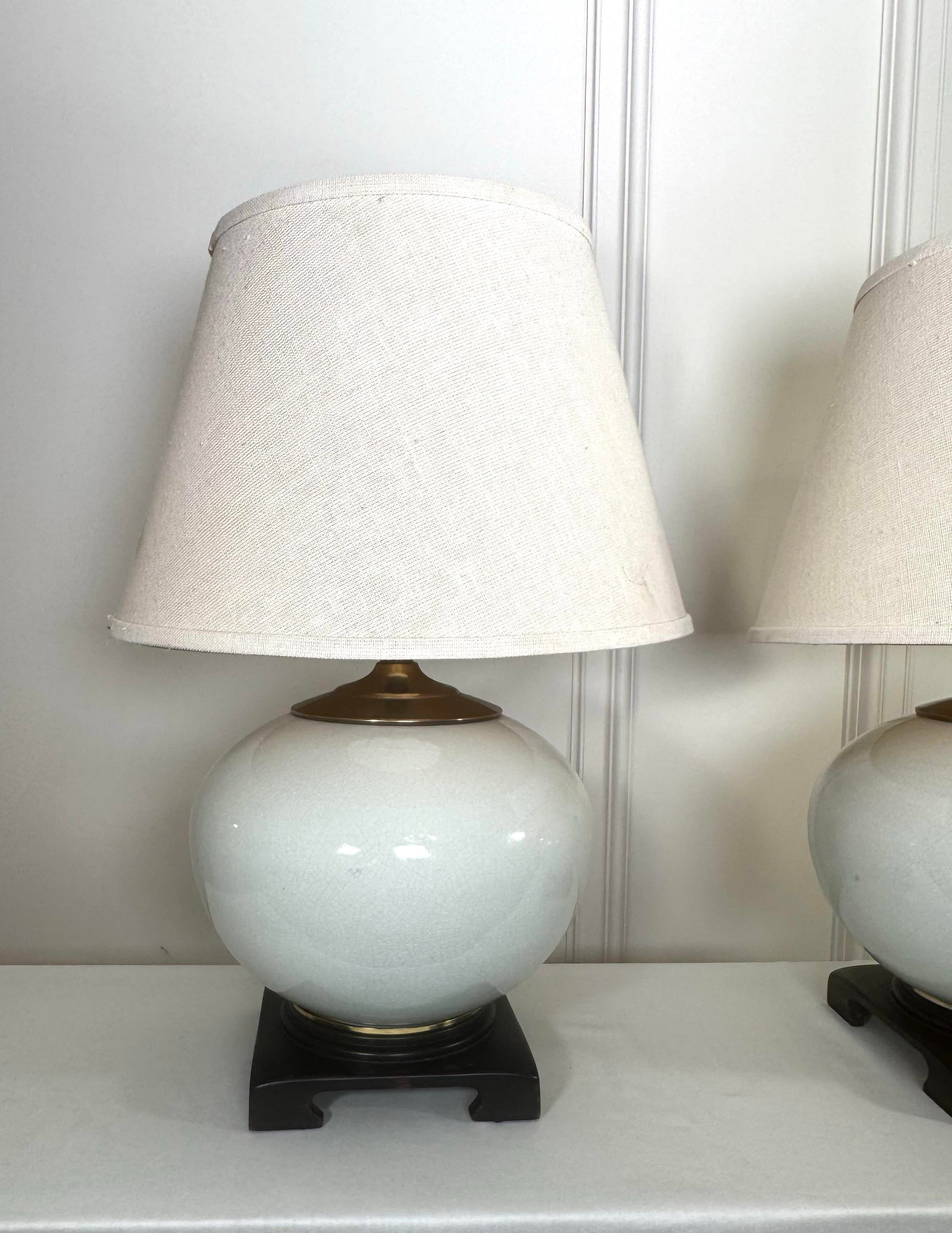 Vintage Transitional White Crackled Glaze Glass & Brass Table Lamps, a Pair - 6