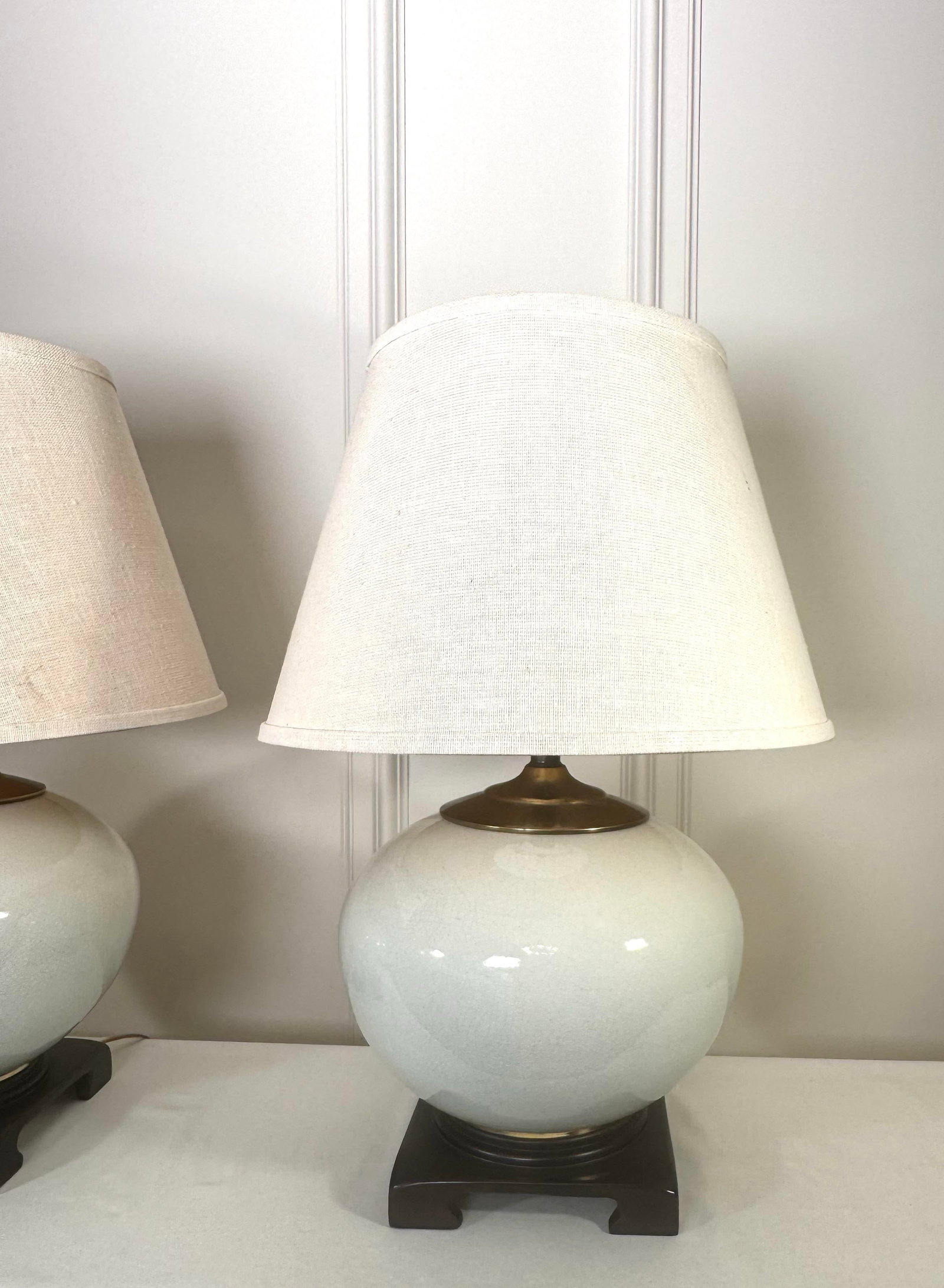 Vintage Transitional White Crackled Glaze Glass & Brass Table Lamps, a Pair - 7