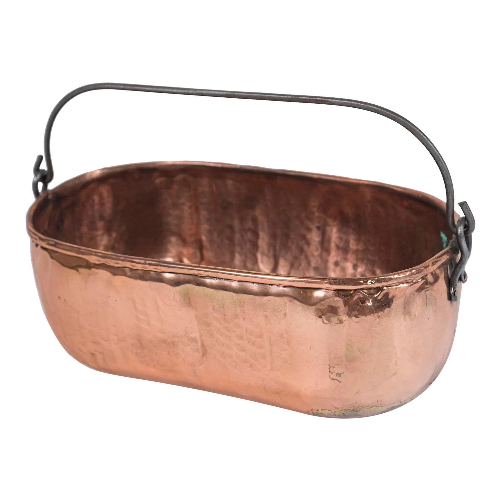 Antique Copper Oval Bucket, Circa 1910: Antique copper oval bucket, circa 1910. Dovetailed sides and bottom, with rolled rim. Iron swing handle. Condition: Alterations: Original Condition Unaltered Imperfections: Some Imperfections