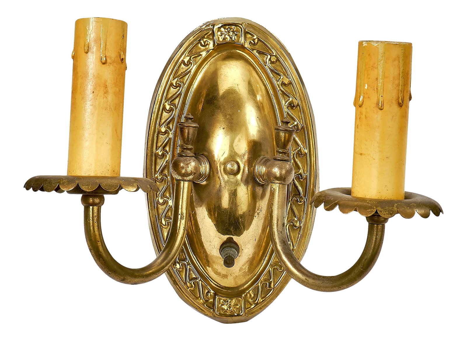 Antique Art Deco Stamped Brass Two Arm Wall Sconce With Twist Knob Switch: Nice wall sconce in well used condition, includes original vintage candlestick socket sleeves. On/off switch works. Wall plate measure 9 x 4.5 inches Excellent working condition with wear and marks