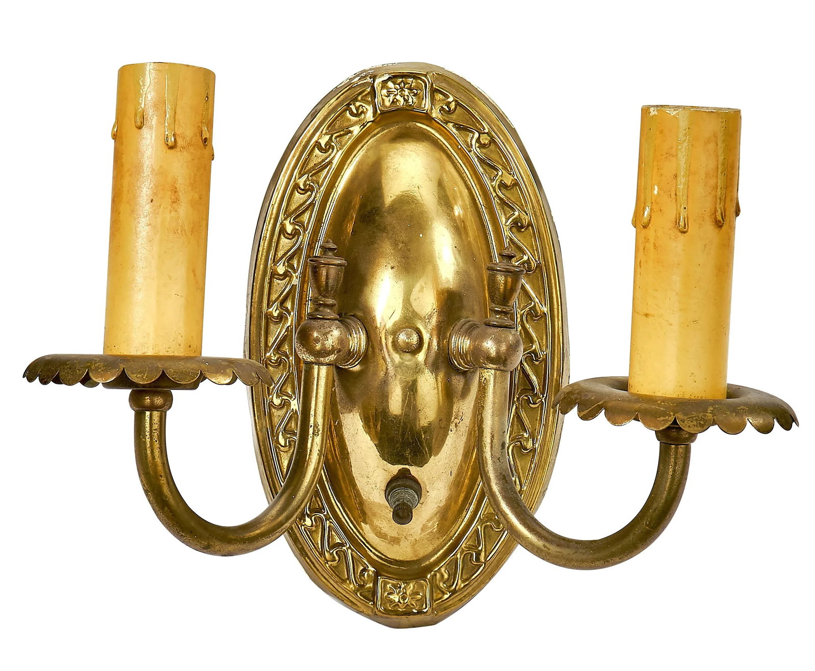 Antique Art Deco Stamped Brass Two Arm Wall Sconce With Twist Knob Switch - 8