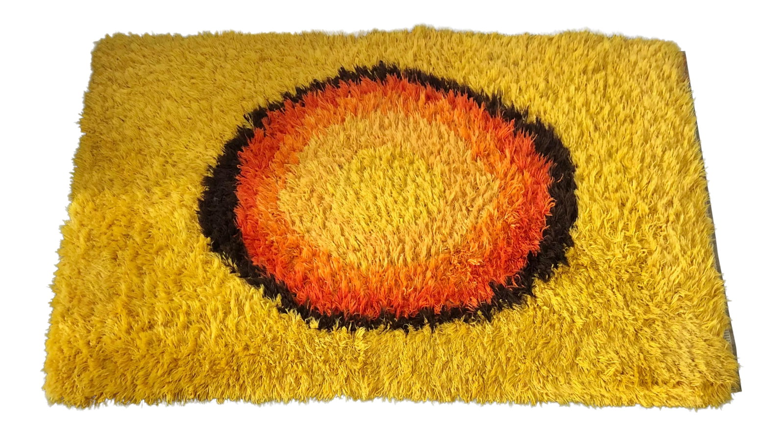 Mid Century Rya Style Sunburst Shag: Lush Rya style handcrafted shag with golden sunburst motif. How long have you been seeking the ultimate accent piece for your entry or living room? Great as a hanging wall accent as well. Small area