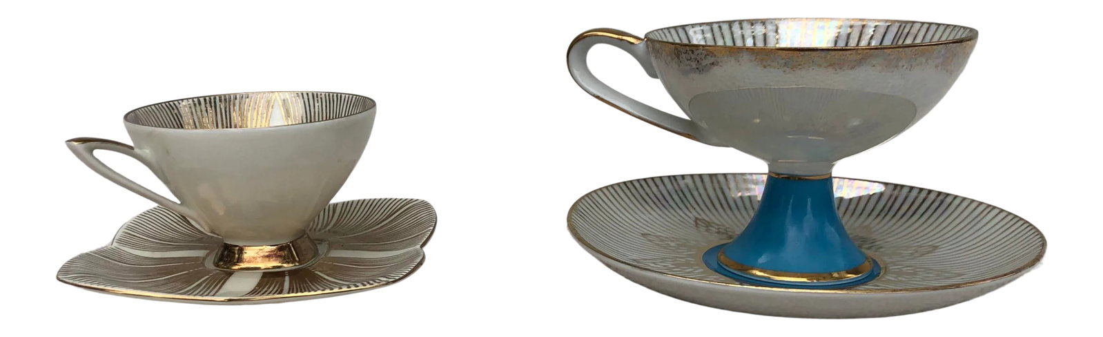 Vintage Bone China Tea Cups & Saucers Set- 4 Pieces: Pinkies up! These beautiful and delicate teacups and saucers would be wonderful for a fancy parent & child's tea party. The larger one features an intricate gold design on bone China with opalescent g
