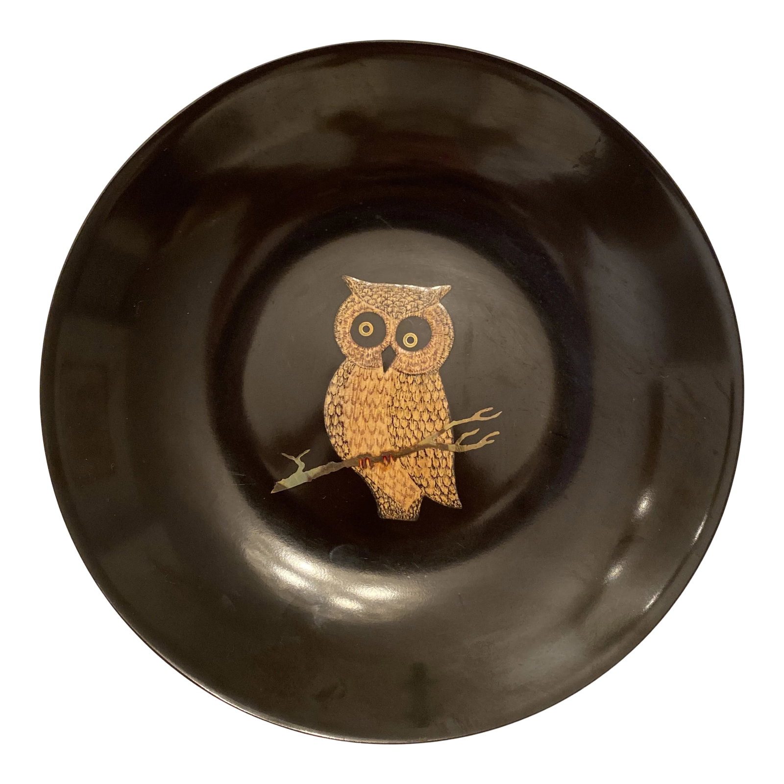 Vintage Couroc Owl Bowl: Vintage Couroc piece with delightful design of an owl. This catchall is composed of a proprietary black lacquer phenolic resin with inlaid wood and brass accents. The manufacturing process makes the