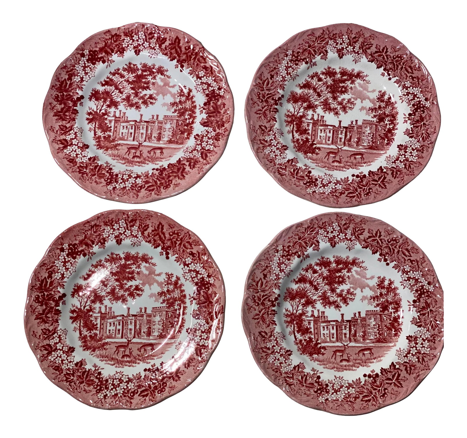 Vintage J&g Meakin Red Romantic England Bread Plates- Set of 4: 4 J&G Meakin Red Romantic England 6.75" Bread Plates, Made in England backstamp, ironstone, dishwasher safe, Kent, 13th century , Penshurst Place,, no chips no cracks no crazing, pictures are part of