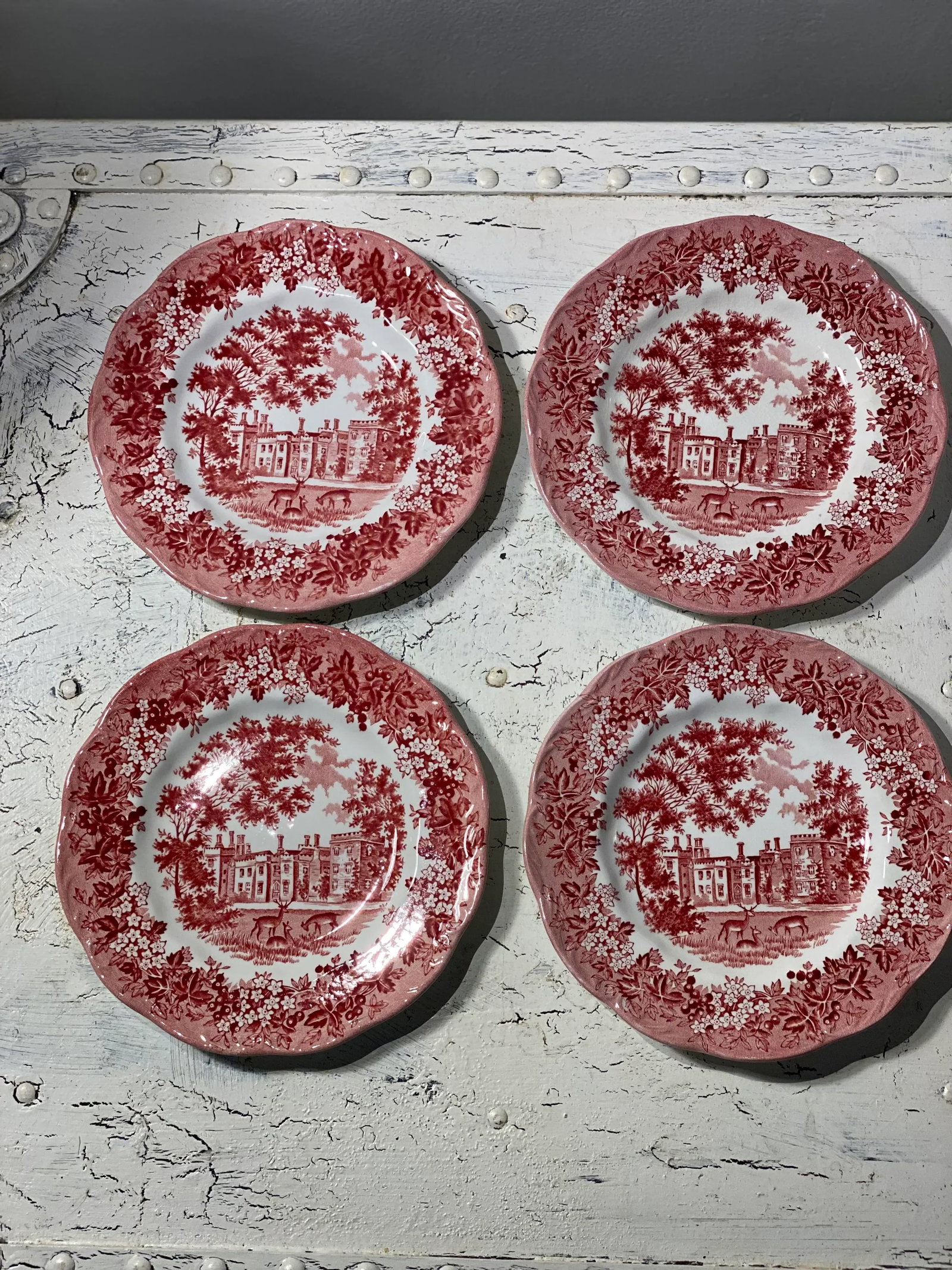 Vintage J&g Meakin Red Romantic England Bread Plates- Set of 4 - 4