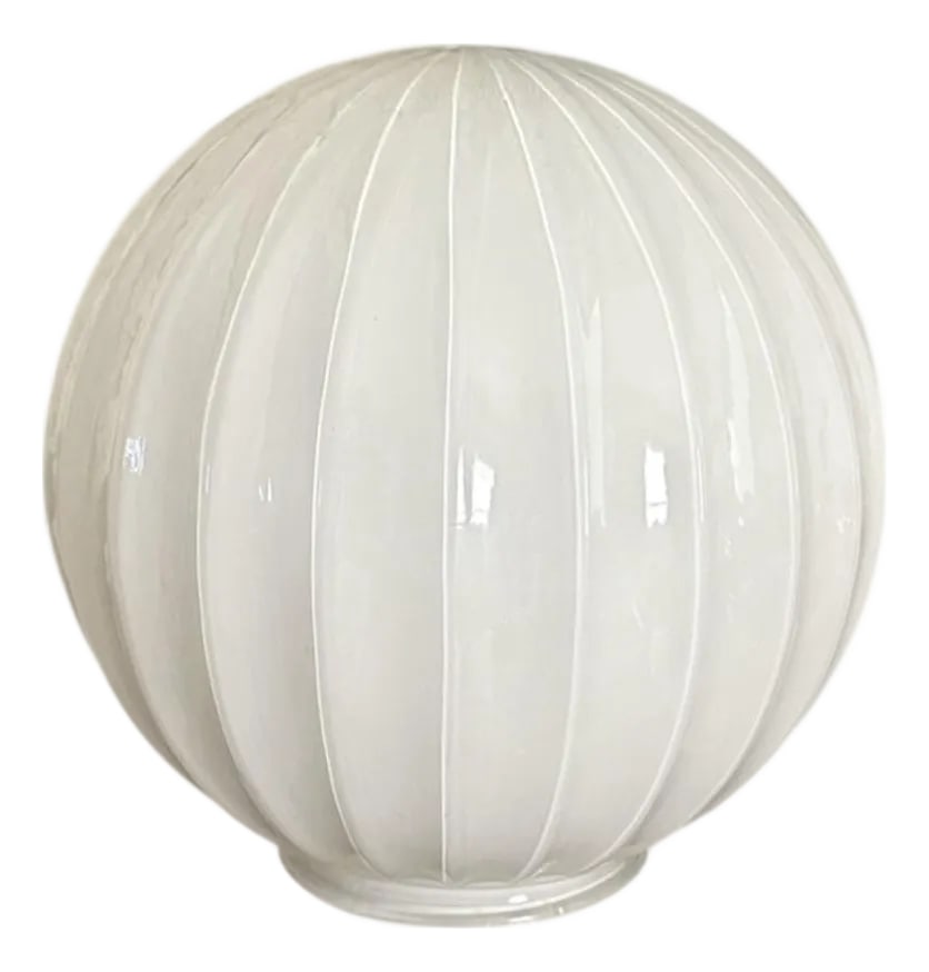 Vintage Mid Century / Art Deco White Milk Glass Style Globe / Ball Light / Lamp Shade With Ribbed Fl: A charming, vintage white / milk glass style globe. Features a ball form globe with vertical ribbed / fluted details. Unmarked, Measures: 8" X 8" X 8" 4" fitter Condition: Alterations: Original Condit