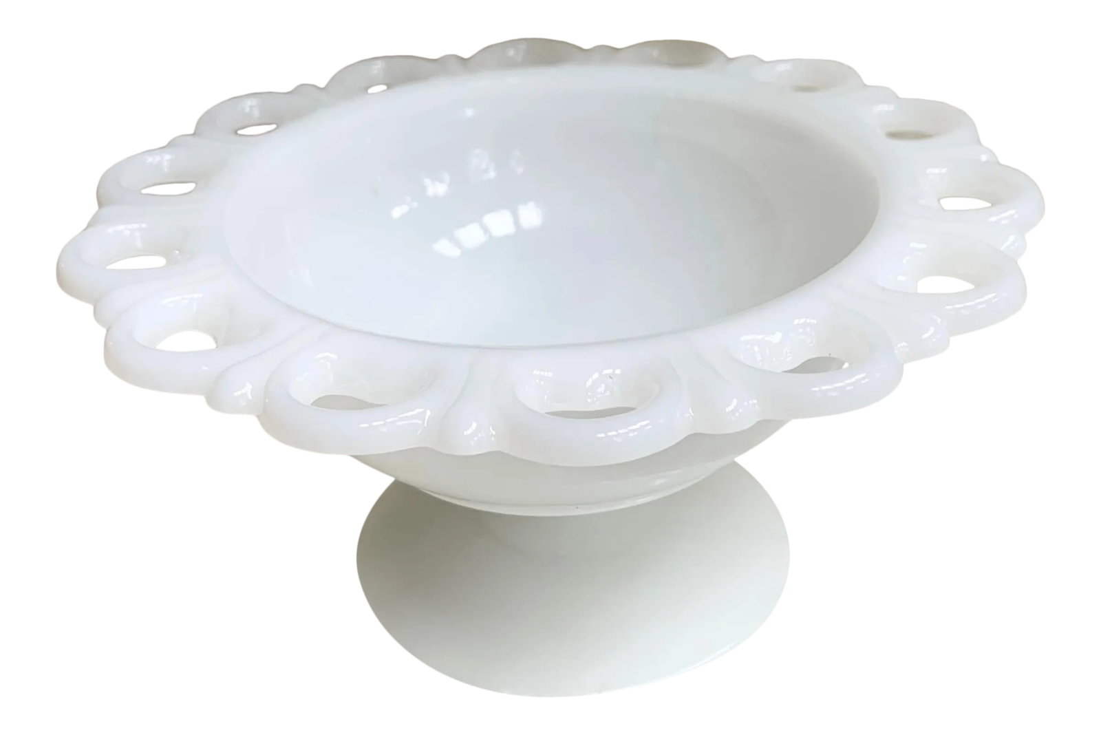 Vintage Milk Glass Pedestal Dish: Vintage milk glass pedestal dish with lace edges in pristine condition. Condition: Alterations: Original Condition Unaltered Imperfections: Some Imperfections Condition Notes: Pristine condition