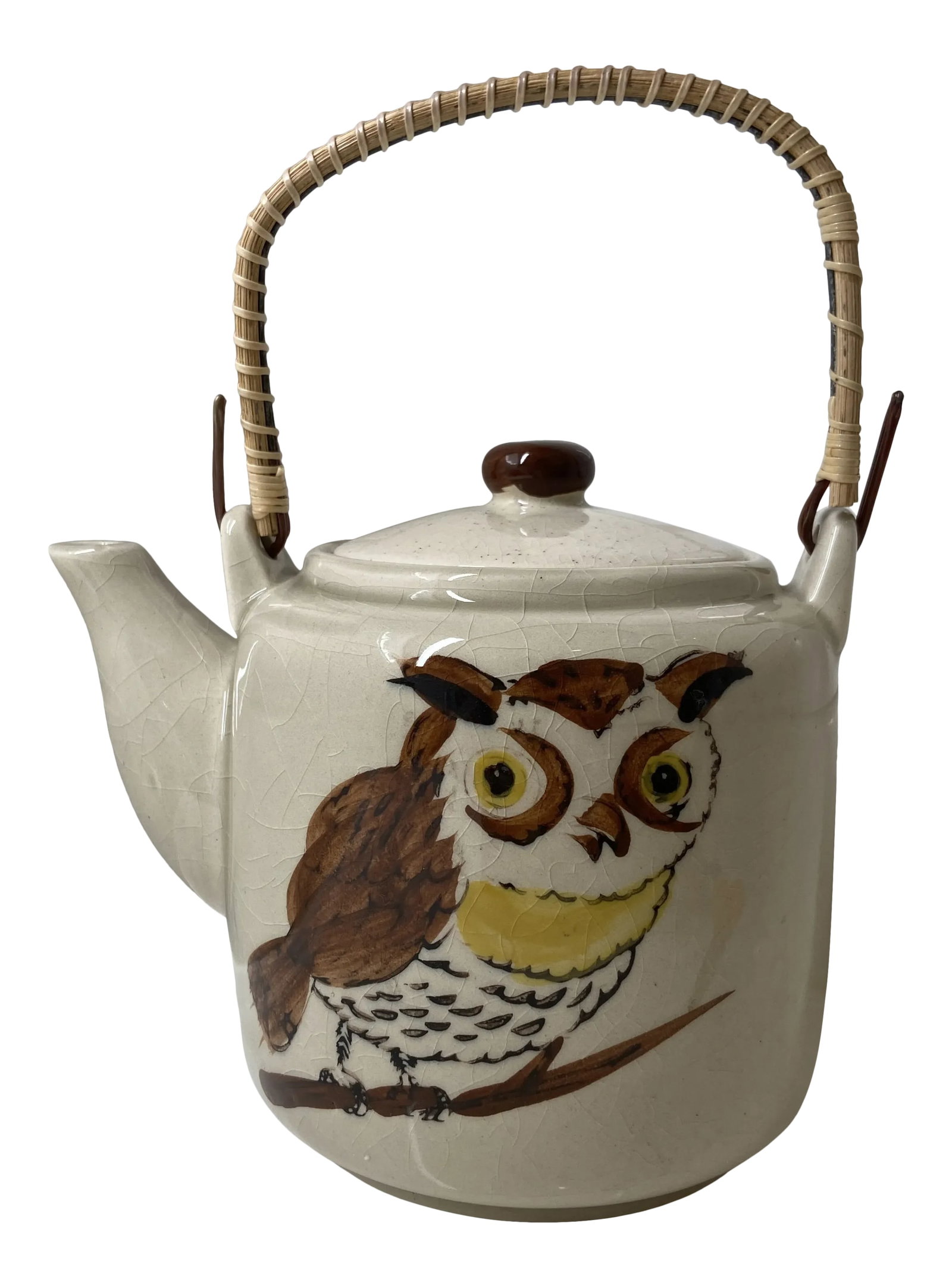 Vintage Japanese Owl Tea Pot: Here is a vintage teapot with a sweet owl hand painted on the front. There is a natural bamboo handle. Condition: Alterations: Original Condition Unaltered Imperfections: Some Imperfections Condition