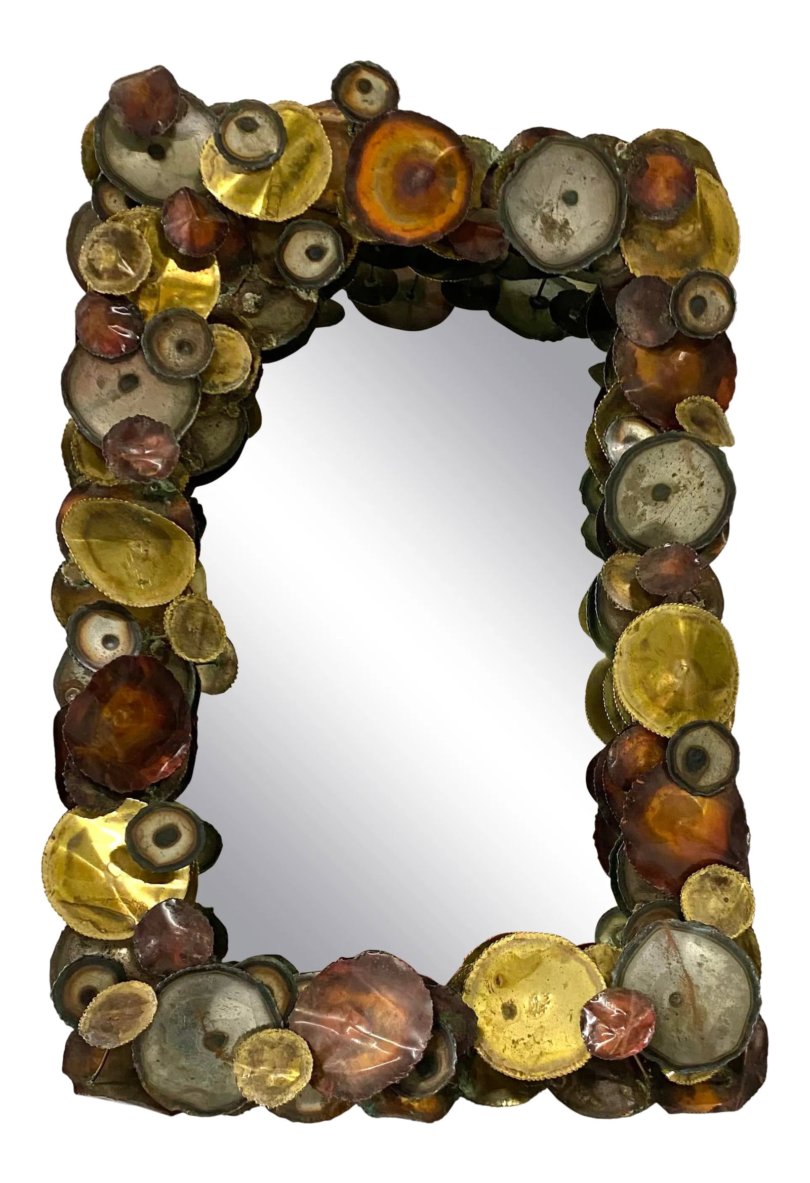 Curtis Jere for Artisan House Raindrops Mirror: Curtis Jere attributed rectangular raindrops mirror featuring multi-colored patinated metal discs in shades of copper, brass, chrome, and crimson. The discs are mounted on posts of differing height,