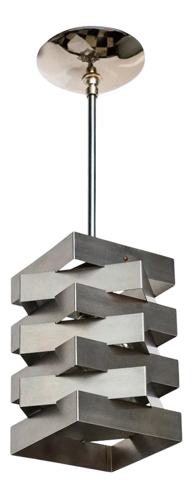 Mid-century Geometric Pendant by Niels Esmann and Hans C. Jensen: A geometric pendant comprised of stacked and intersecting squares of steel. As shown they measure 23.5" long. Stem can be adjusted to different lengths upon request. New wiring. Origin: Denmark
