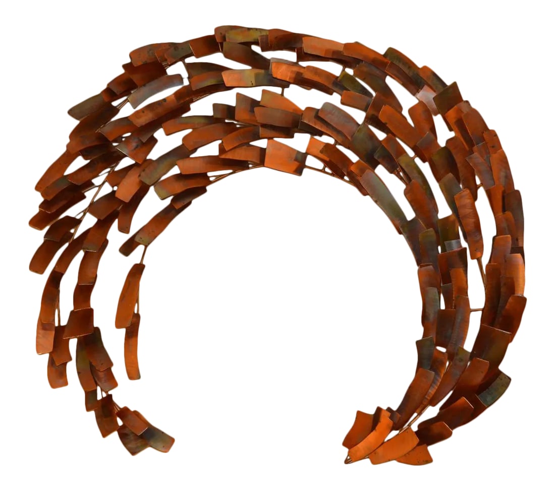 Curtis Jere Large Brutalist Copper Metal Spiral Wall Hanging Art Windmill Style: Great copper wall art by Curtis Jere. Signed & dated 2011. I do not have a COA/receipt. Local Estate Sale find. Approx 42''W * 5.5''D * 38''H Condition: Alterations: Unknown Imperfections: Some
