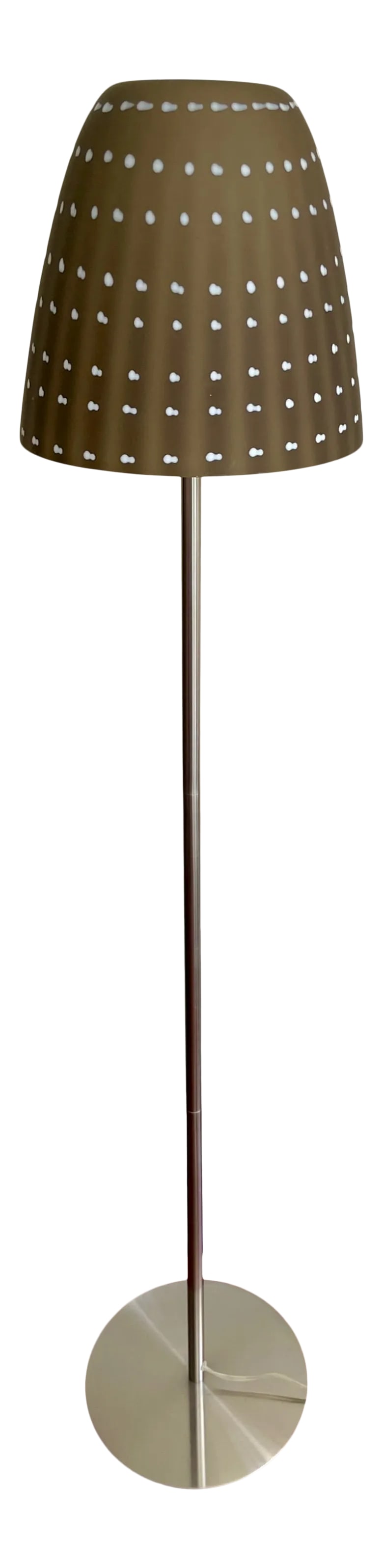 1950s Sculptural Hand Blown Mushroom Floor Lamp With Brushed Nickel Base Styled After Murano: This amazing floor lamp has 2 bulbs, brushed nickel base and a hand blown art glass shade which is frosted cream color when on and smokey cappuccino when off. Shade: 13.5 wide 14" tall. Base: 12"x12".