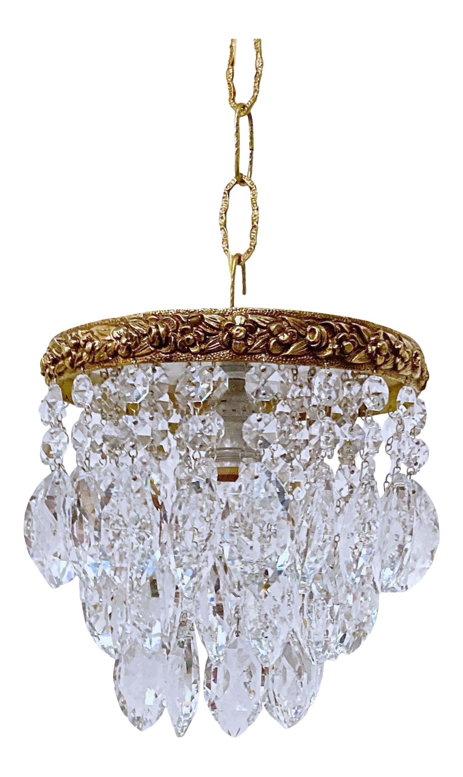 Antique 1920s Italian Bronze Upside Down Layered Chandelier: Italian upside down layered chandelier with bronze rim and 30% leaded almond cut crystal drops. Restored, rewired and it has one Edison base socket that holds a maximum of 100W light bulb. #247 Condit