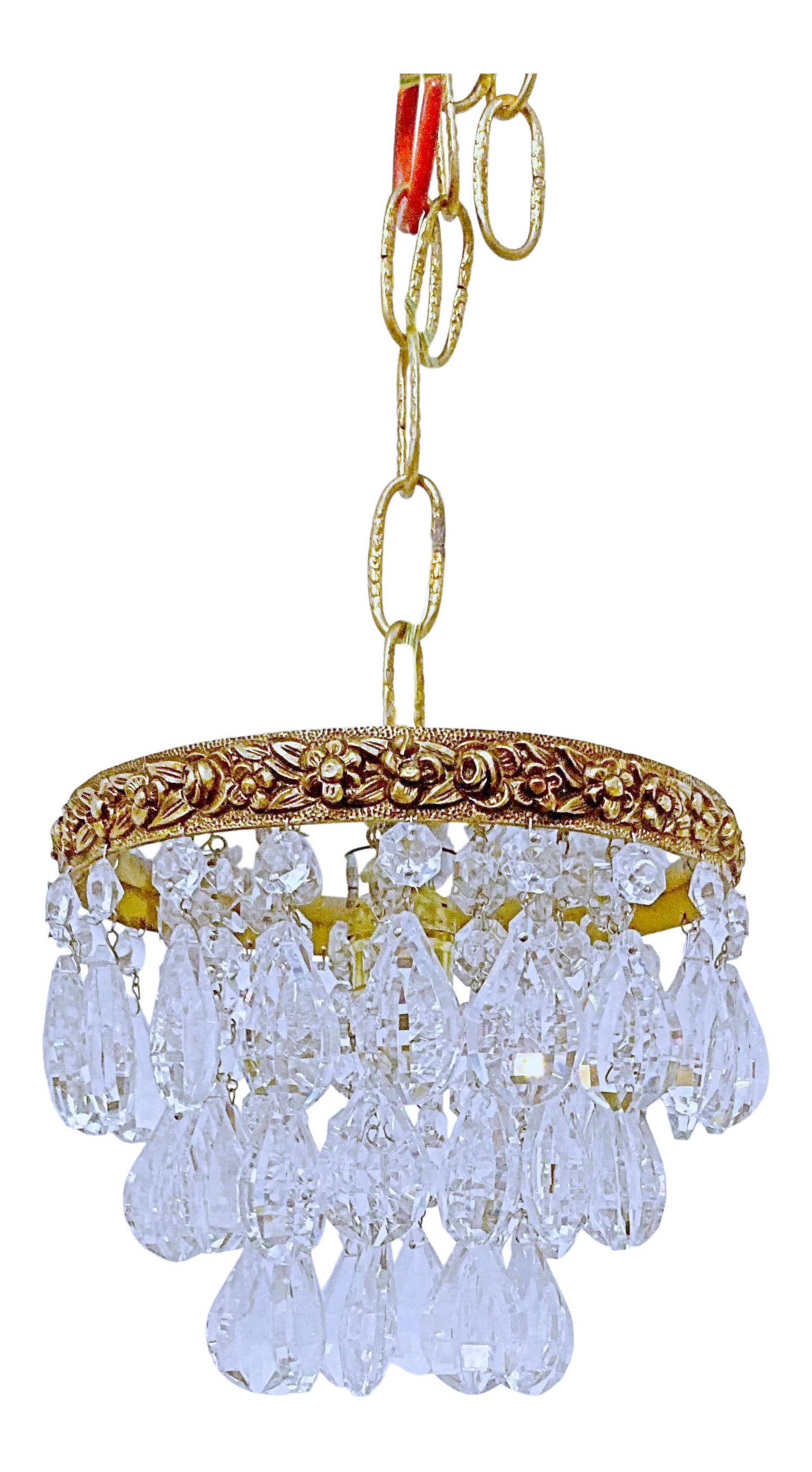 Antique Italian Bronze Upside Down Layered Chandelier: Italian upside down layered chandelier with bronze rim and 30% leaded unique almond cut crystal drops. Restored, rewired and it has one Edison base socket that holds a maximum of 100W light bulb. #270
