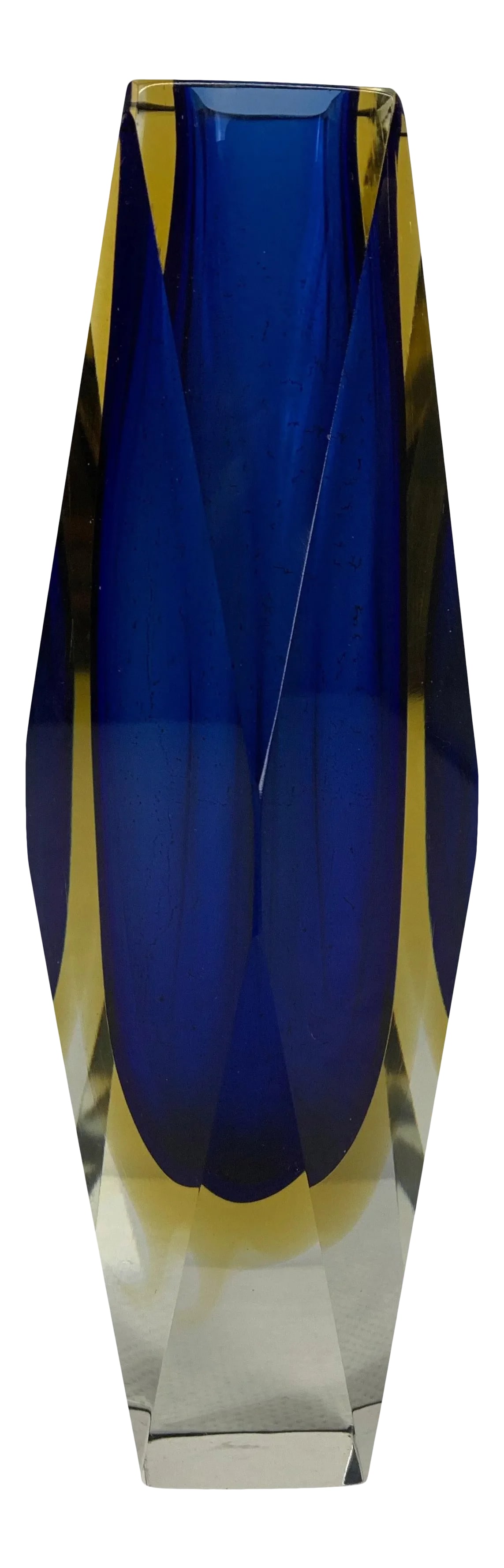 Mid-Century Murano Sommerso Multi-colored Faceted Vase: Modern blue and yellow faceted Sommerso Murano glass vase by Mandruzzato. Condition: Alterations: Original Condition Unaltered Imperfections: Some Imperfections Condition Notes: Beautiful condition