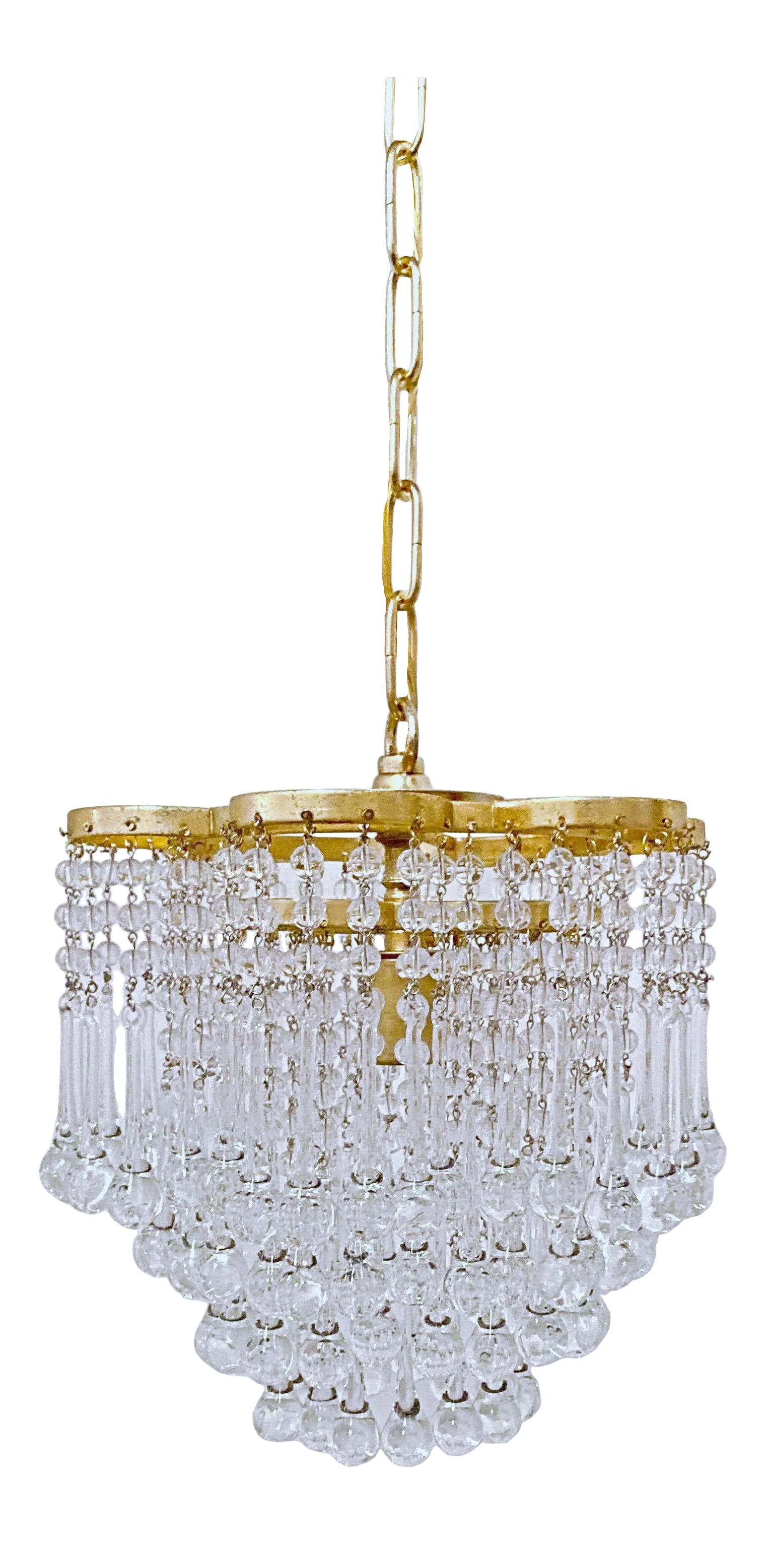 Mid-Century Italian Upside Down Layered Chandelier: This is an Mid-Century Italian upside down layered cake chandelier with original patina, plain beads and hand blown teardrops. It has 1 Edison based socket that was rewired and it can use either a reg