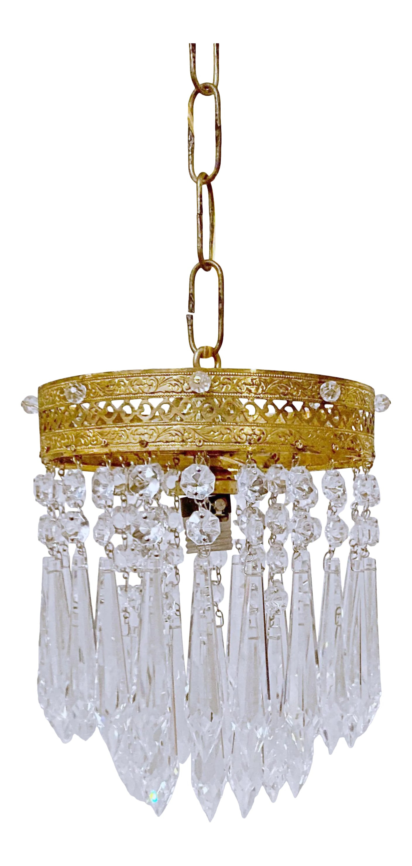 1960s Italian Brass Upside Down Layered Chandelier: This is an Italian brass rim chandelier dressed with octagon chain and Strauss plug cut crystals drops. It has 1 Edison base socket. Rewired and restored. #228 Condition: Alterations: Restored