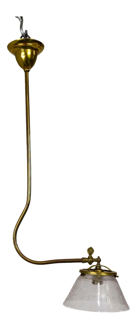 Late 19th Century Victorian J-Style Ceiling Light Fixture With Etched Glass Shade: A simple, brass stem in an "L" shape - with the light pointing down. Perfect for a corner. The empire shaped, hand-blown glass shade is intricately etched with a flower motif and the glass holder has