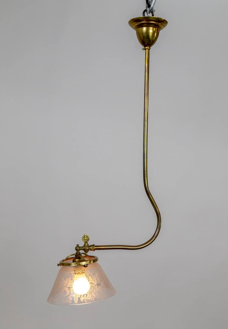 Late 19th Century Victorian J-Style Ceiling Light Fixture With Etched Glass Shade - 2