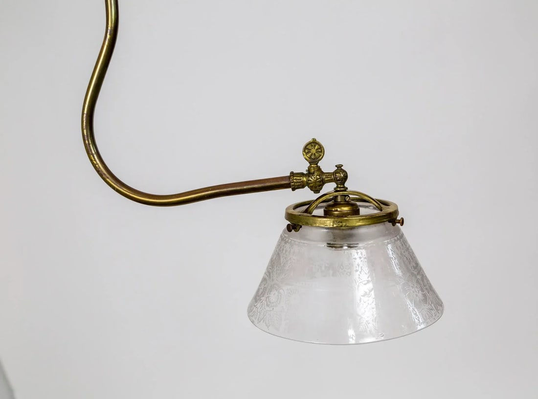 Late 19th Century Victorian J-Style Ceiling Light Fixture With Etched Glass Shade - 4