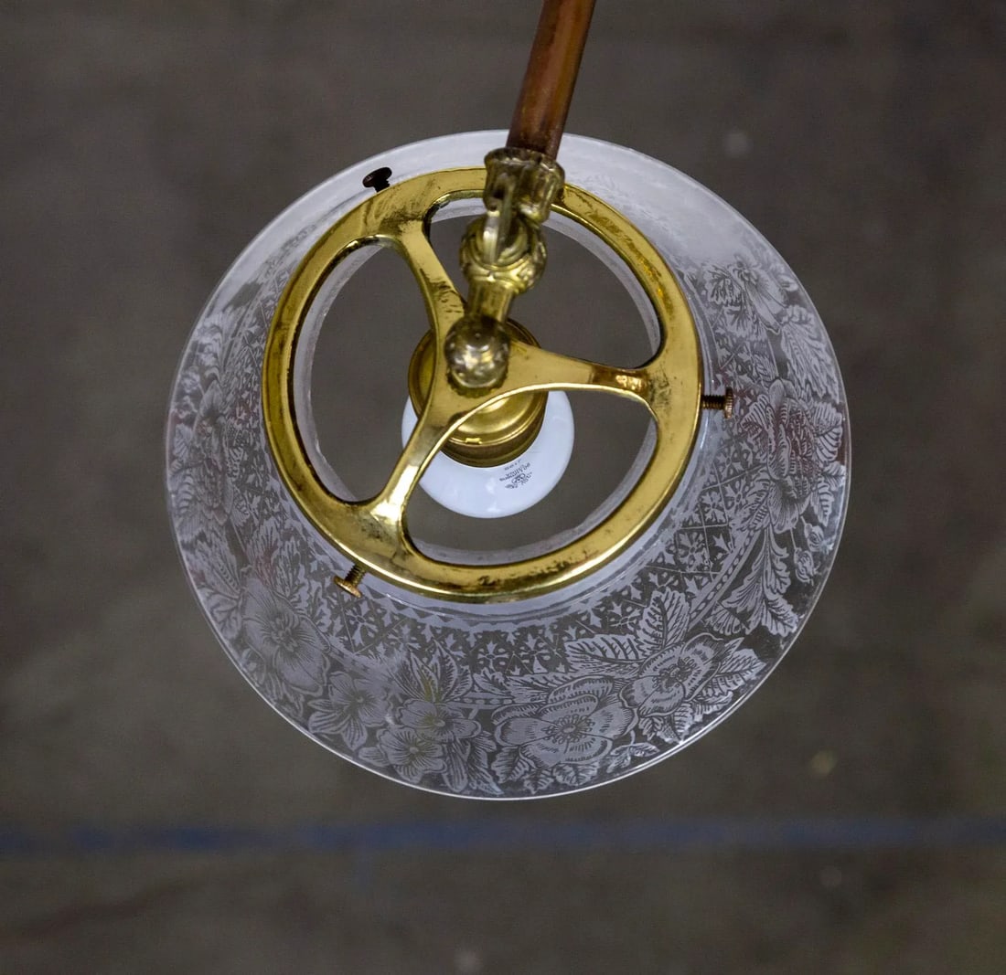 Late 19th Century Victorian J-Style Ceiling Light Fixture With Etched Glass Shade - 7