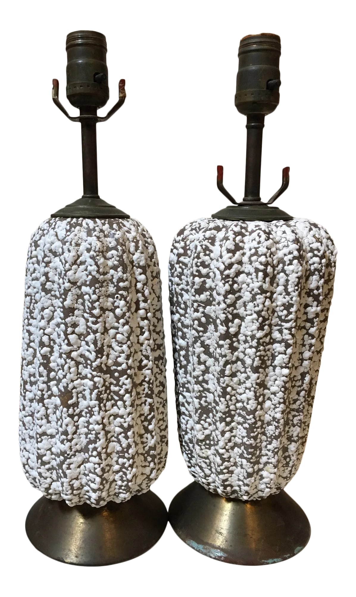 Mid Century Modern Textured Pottery Table Lamps - A Pair: A pair of mid century modern Pottery lamps. Features brown and white lemon peel glaze. Assembled differently to accentuate beautiful unique corrugated, topsy turvy shaped body. Lampshade not included