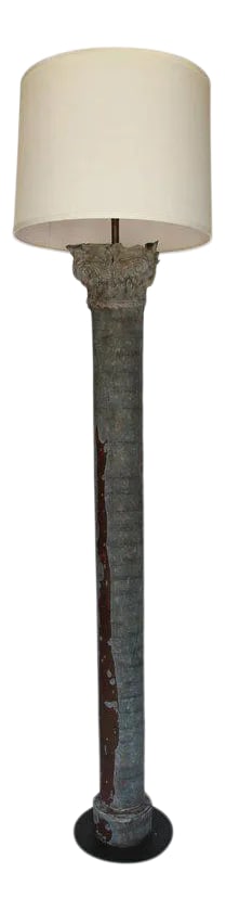 Mid 20th Century Zinc Column Mold Re-Purposed Floor Lamp: A fantastic floor lamp made from two antique zinc column molds. One of a kind piece which will surely become a conversation piece in your home or office. Shade not included. H 80 in. x Dm 11.5 in.