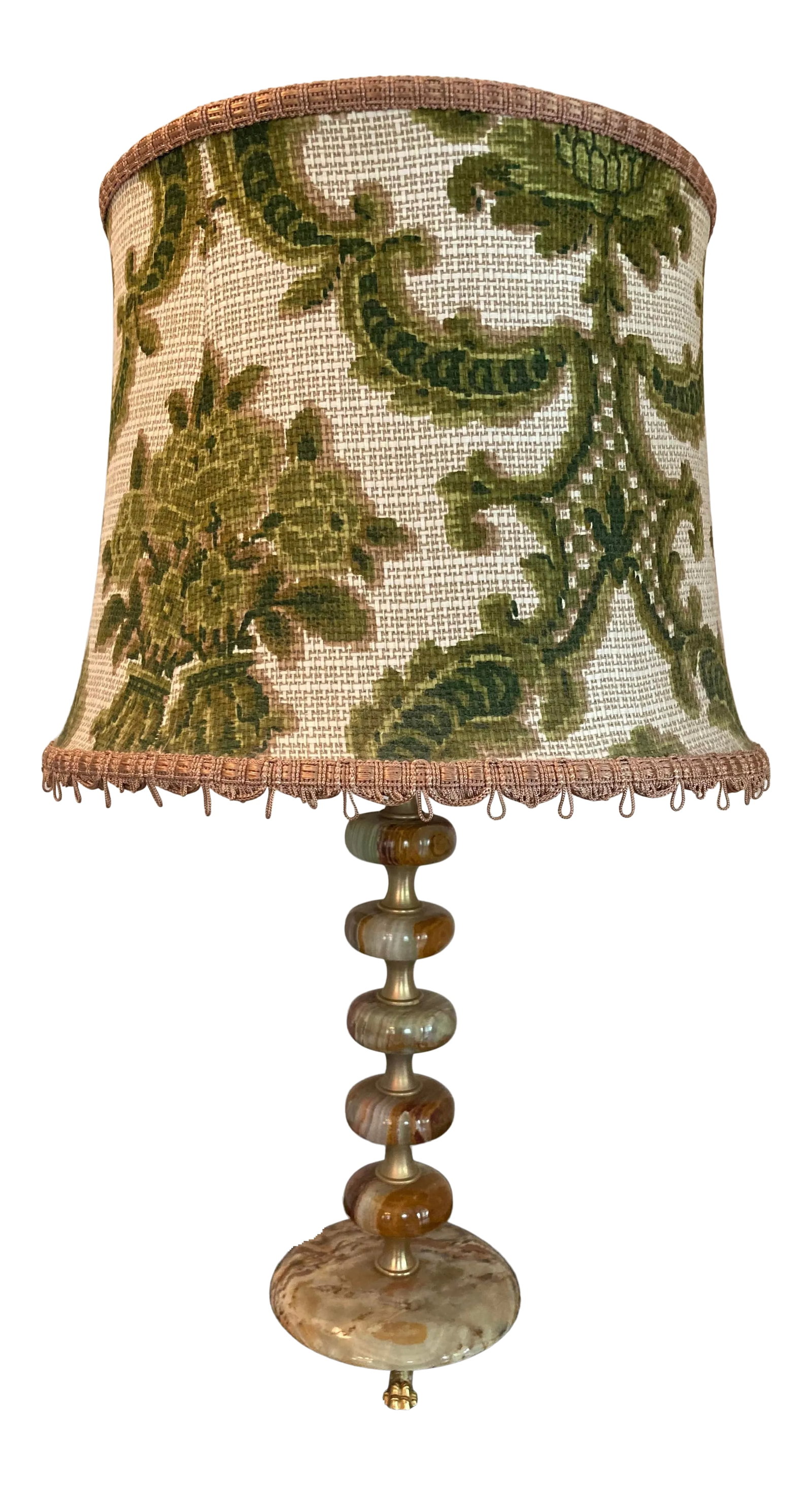 1970s Jade Lamp With Custom Shade: Darling Antique Jade lamp base with Custom Fabric Shade. Perfect statement for a small space. Condition: Alterations: Original Condition Unaltered Imperfections: Some Imperfections Condition Notes: Gr