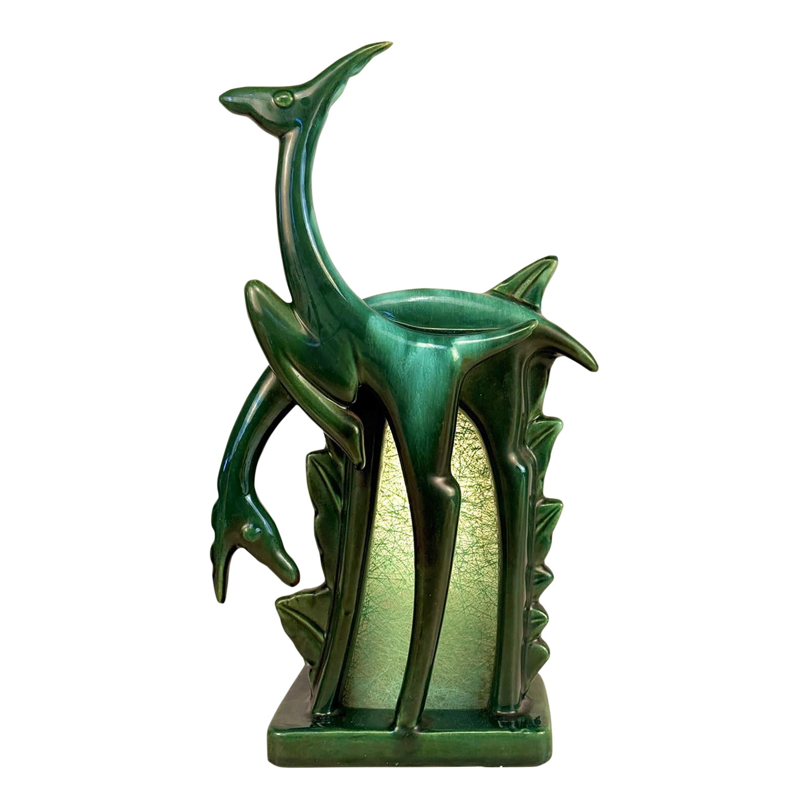 Mid-Century Abstract Art Deco Green Ceramic Gazelle Tv Lamp: An Abstract Art Deco Green Drip Glazed Gazelle TV Lamp w/ Fiberglass Shade, c.1950's - Original 1950's Art Deco Gazelle Figural TV Lamp - Green Drip Glazed Ceramic "Double Gazelle" Motif Shown in an A