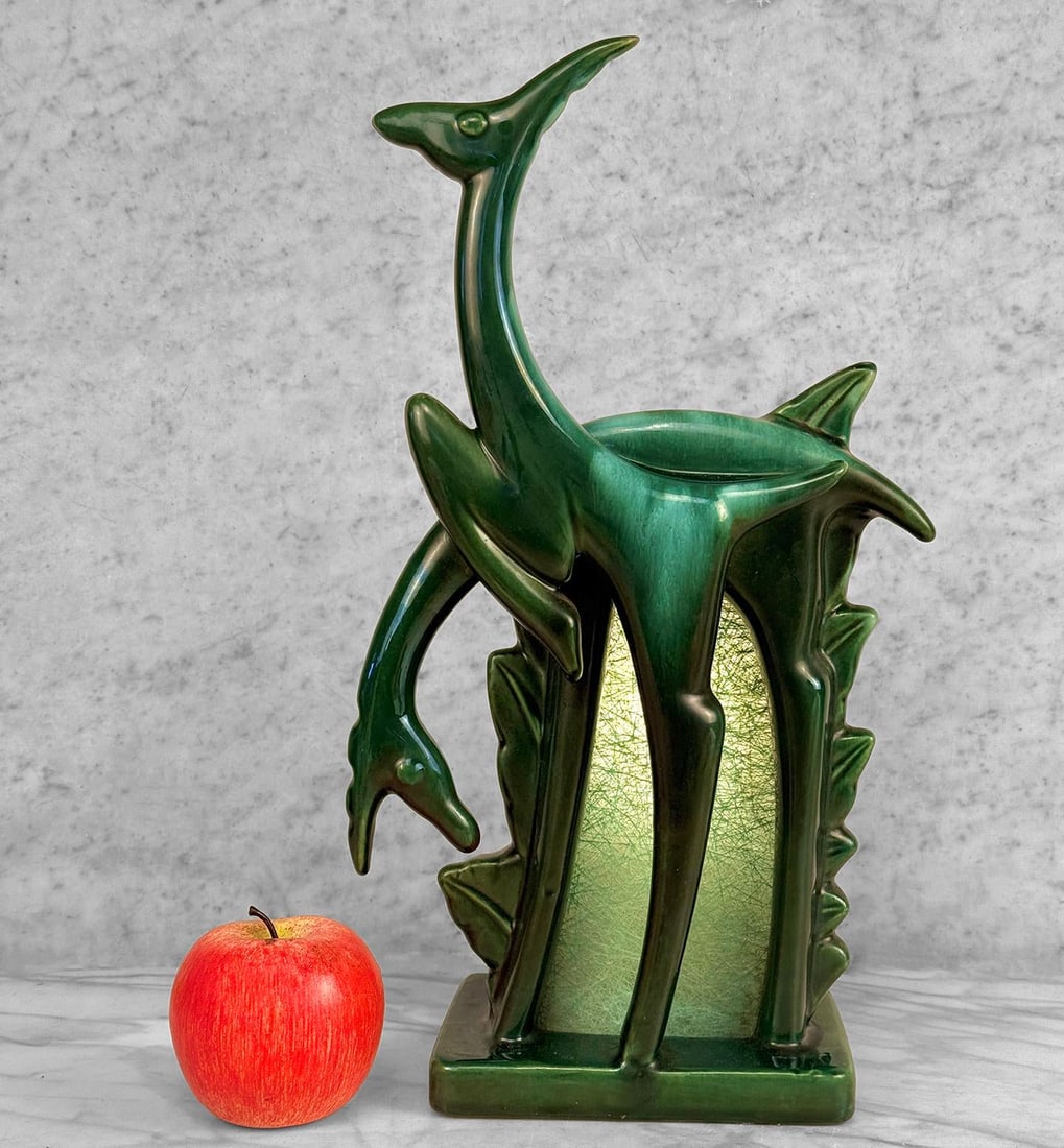 Mid-Century Abstract Art Deco Green Ceramic Gazelle Tv Lamp - 2
