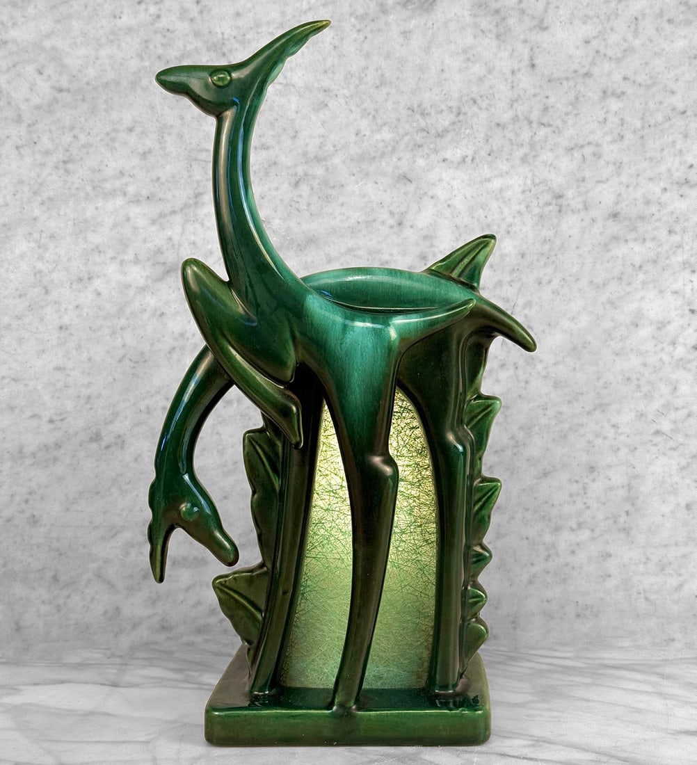 Mid-Century Abstract Art Deco Green Ceramic Gazelle Tv Lamp - 3