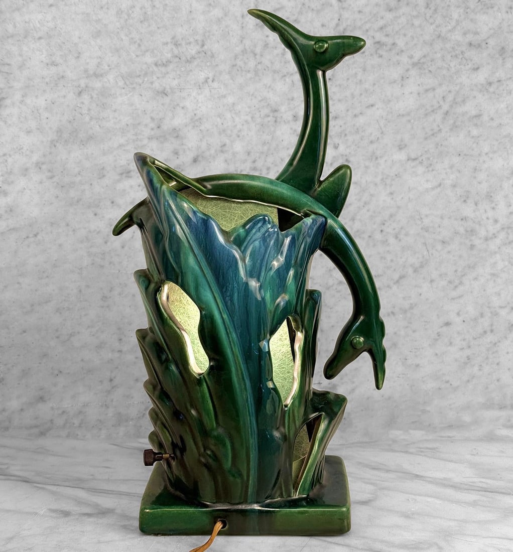 Mid-Century Abstract Art Deco Green Ceramic Gazelle Tv Lamp - 4