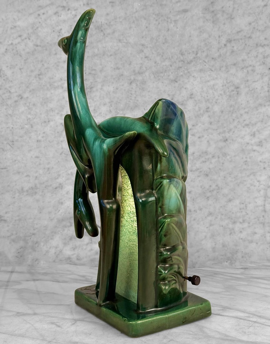 Mid-Century Abstract Art Deco Green Ceramic Gazelle Tv Lamp - 5