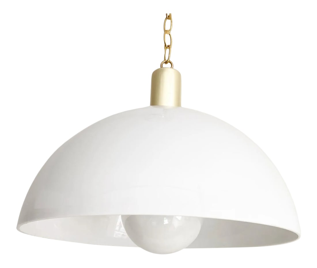 Modern Dome Pendant Light, 1970s: 1970s modern minimalist domed white acrylic pendant light by Artcraft Montreal simply topped by a gold metal cap. Professionally restored with new wiring and porcelain socket for standard bulb. Comes