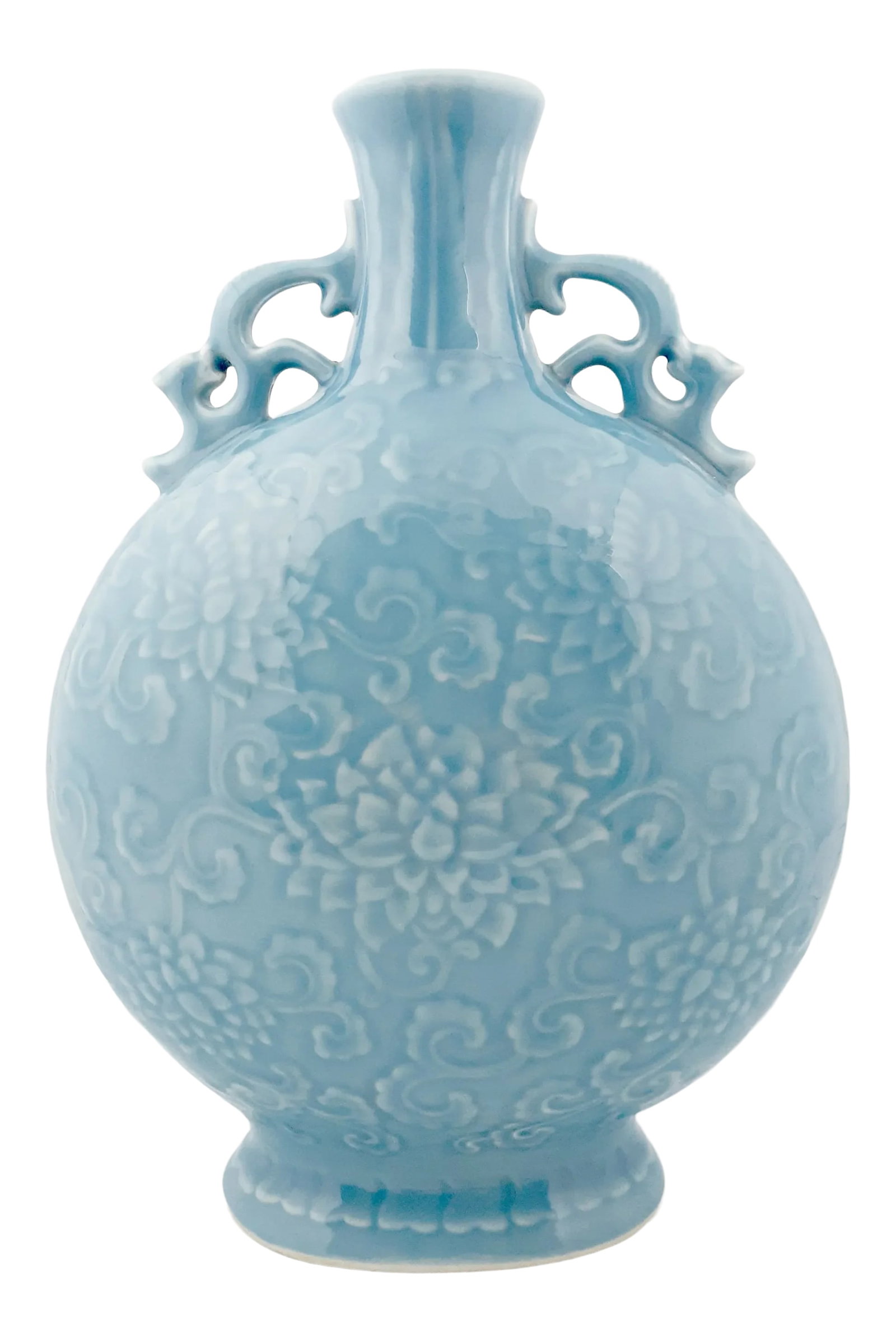 Early 20th Century Chinese Porcelain Peony Bianhu Vase: Chinese porcelain peony bianhu vase, sky blue glaze with faint white highlights on the body, inside the lip and the inset base. Ru Yi lappets at the neck flanked by stylized dragon handles, central