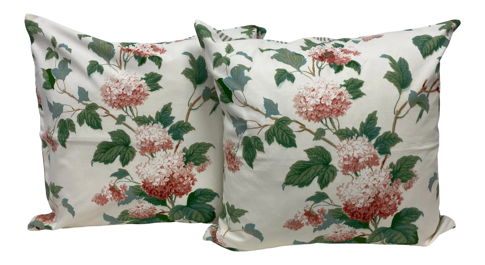 Pair of 22" Square Pillows With a Pink Hydrangea Floral Pattern - Made in Uk.: Pair of 22" Square Pillows With a Vintage Inspired Pink Hydrangea Floral Pattern - Made in UK. This pair of 22" square pillows were made in Wales, UK., by a small cottage designer/manufacturer owned b