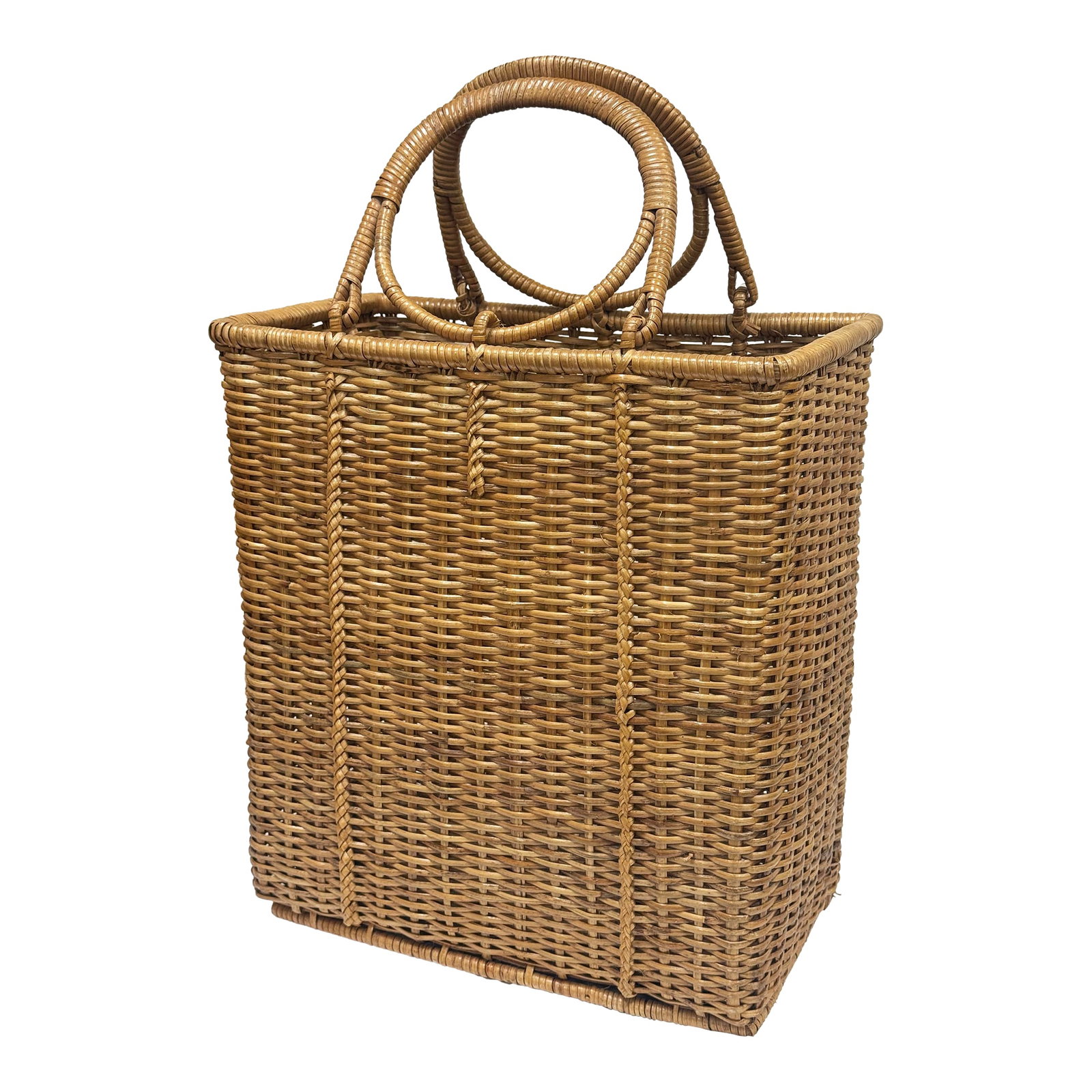 Vintage Tall Woven Wicker Basket With Handles: Vintage woven wicker basket featuring tall slim form and round handles to either side. Unique shape for that space that needs "just the thing." Age wear. Structurally sound. Condition: Alterations: