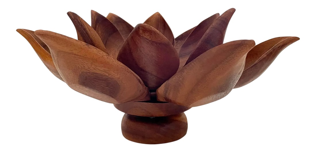 Mid-Century Lotus Flower Serving Centerpiece Set - 13 Pieces: Spectacular Mid-Century 13 piece serving centerpiece set. Assembled lotus flower consisted of a Lazy Susan style center base which holds 12 petal shaped removable dishes. 6 lower petal larger dishes