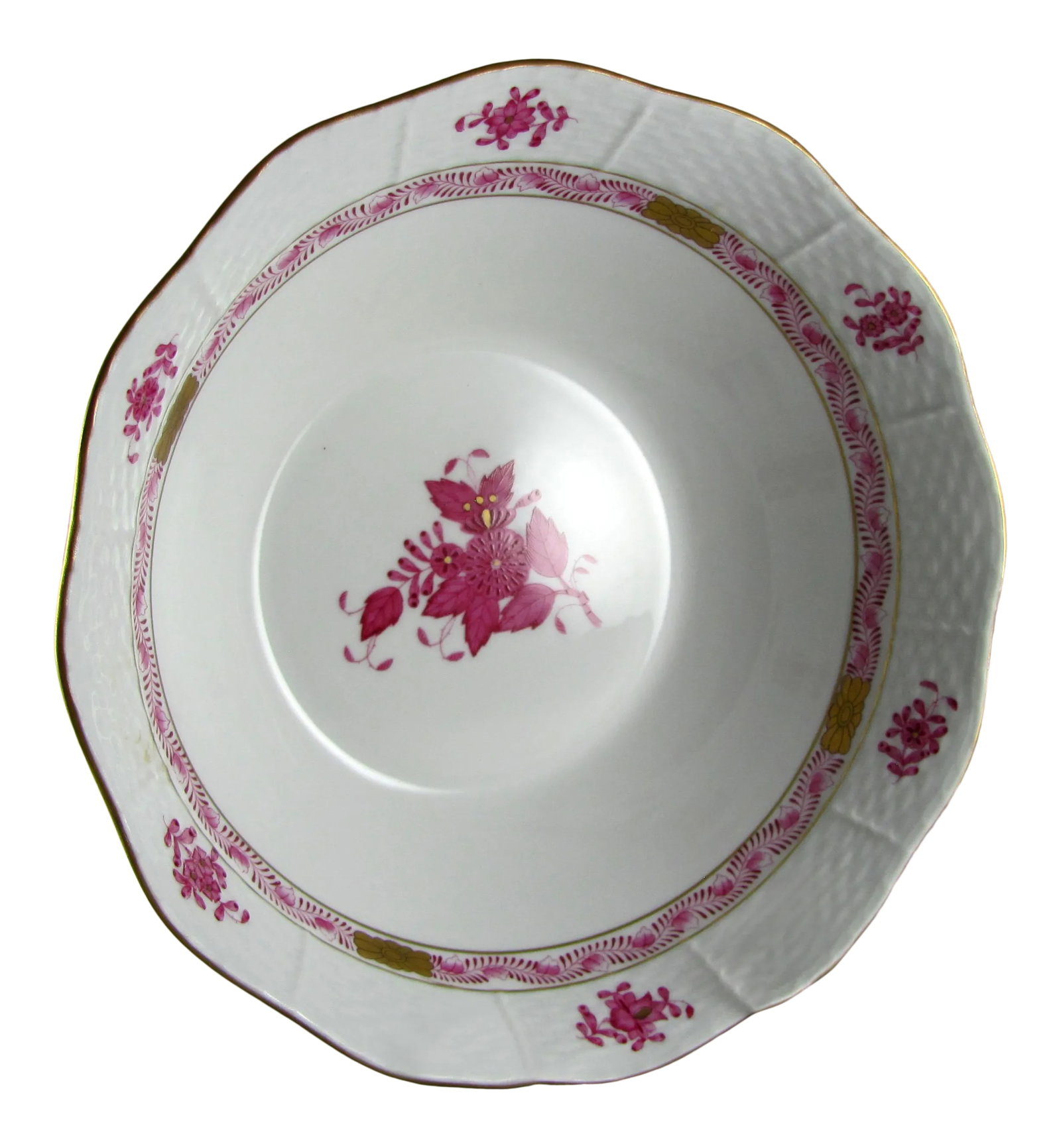 7-3/4" Herend Chinese Bouquet Raspberry Round Vegetable Serving Bowl: Hand painted colors and glossy glaze are vibrant and crisp with little, if any, color loss No chips nor cracks nor crazing nor staining Medium-ish utensil marks, much of which cannot be seen unless he