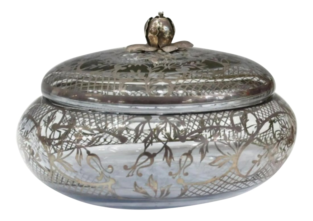 Vintage Silver Overlay Bowl With Lid: We're proud to offer this sophisticated fine quality silver overlay glass lidded bowl, featuring intricate floral foliate openwork pattern, circular deep dish form, with fitted cover/lid topped with