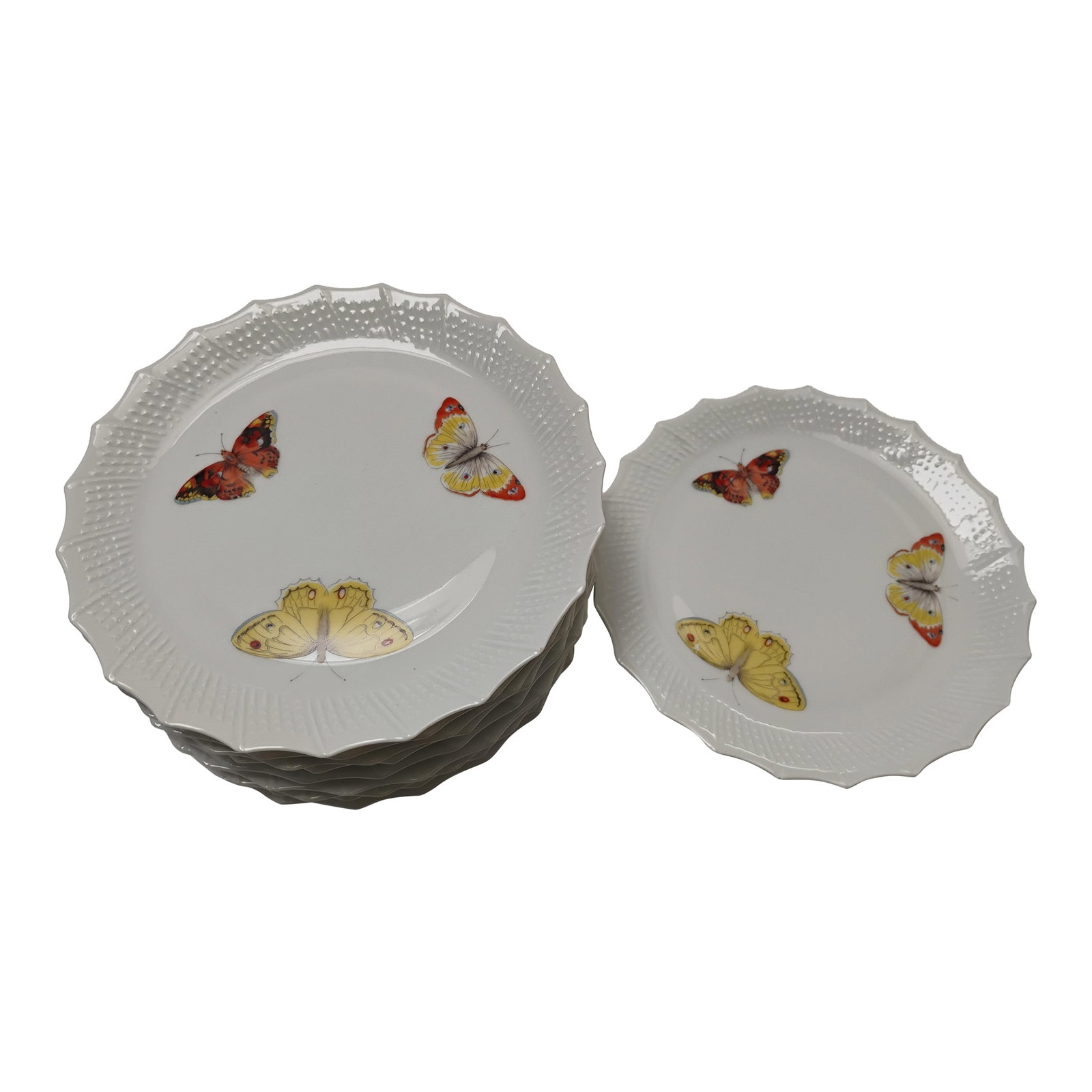 Mid 20th Century Chastagner Limoge Butterfly Motif Desert Plates - Set of 10: A set of 10 vintage Chastagner Limoge desert plates with a butterfly (or moth) motif. Crisp white with raised detail at rim and scalloped edges. These were purchased in the '80s at a NYC antiques