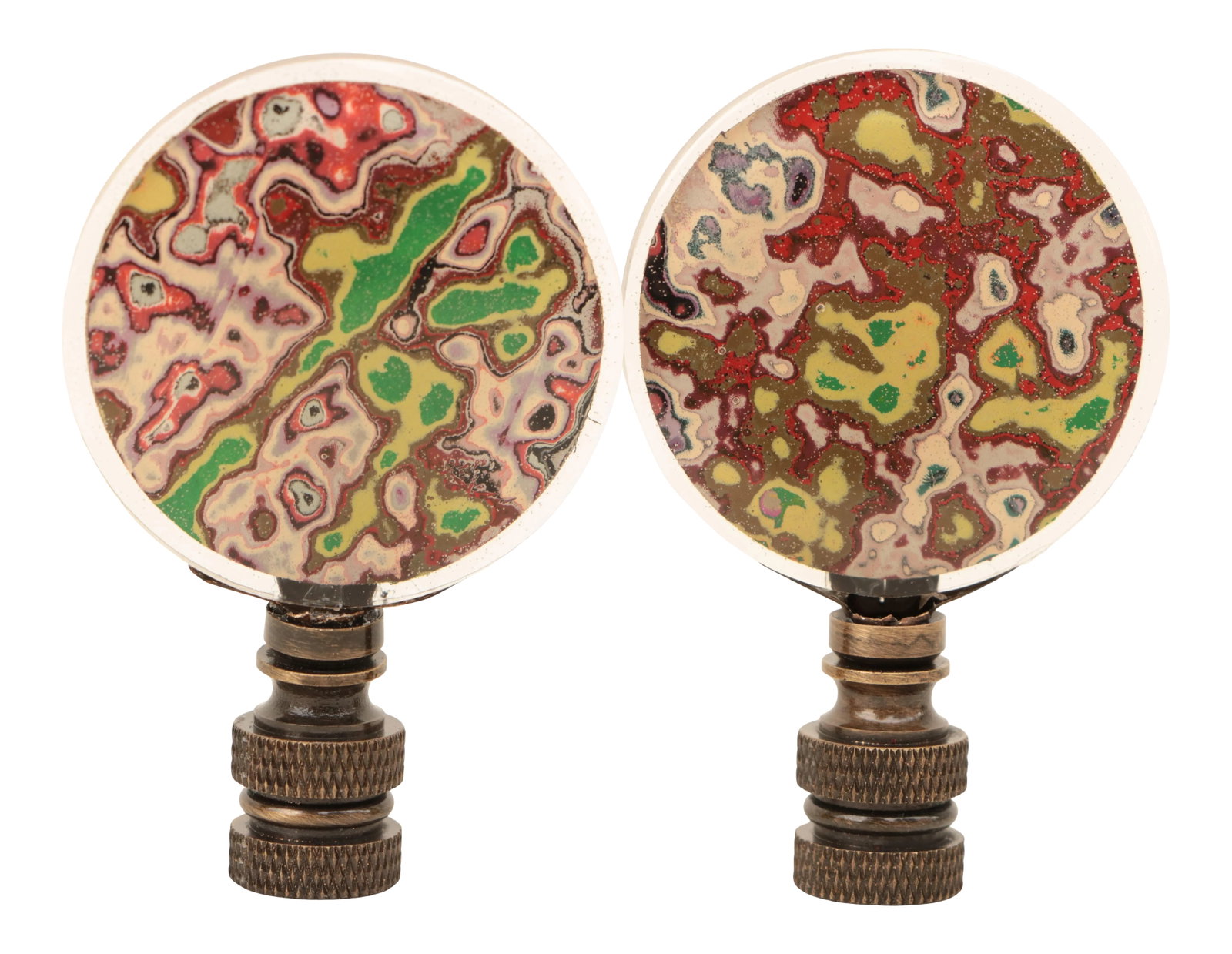 Marbled Graffiti Lamp Finials - a Pair: Pair of lamp finials crafted from polished graffiti paint, reclaimed from public areas which have been repeatedly painted by muralists and street artists. Reminiscent of fordite, or Detroit agate,
