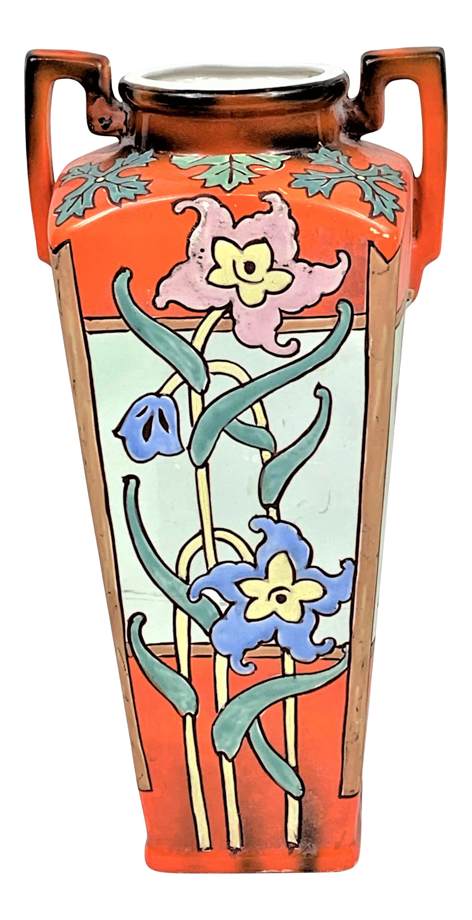 Vintage Royal Nippon Vase: Vintage Royal Nippon large two handled vase. Beautifully decorated with vines and flowers in orange, green and blue. This is a pre-owned item so please see all pictures and ask any questions.